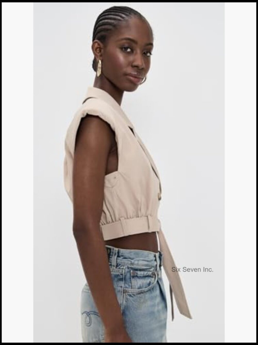 Double-Breasted Sleeveless Vest with Tie Belt and Padded Shoulders - Picture 5 of 6